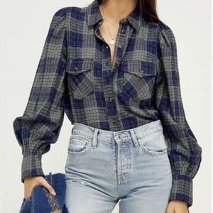 Plaid Button-Up Shirt in Blue and Green